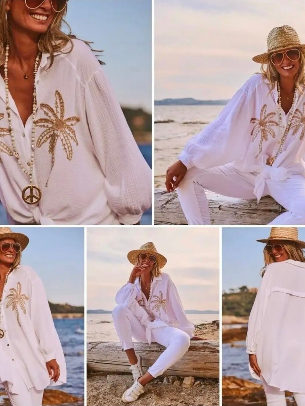 Loowie 100% Italian Cotton Button Up Top With Sequin Palm Tree Embroidery